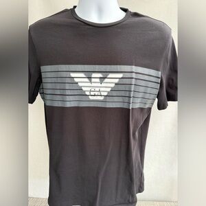 Emporio Armani Black T‑Shirt with Gray Stripe and GA Eagle Logo